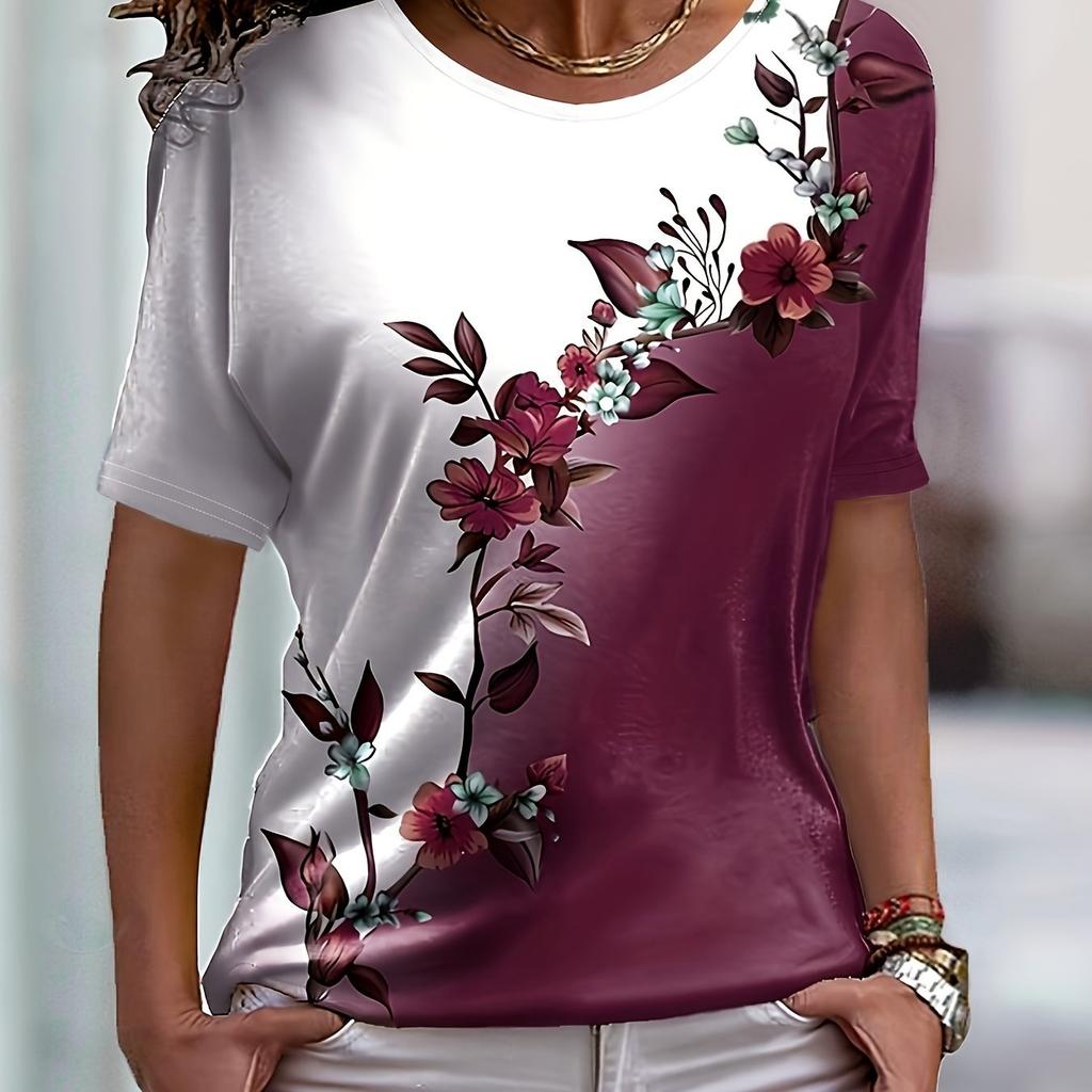 Elegant and Fashionable Colorful Rose Print Round Neck Ladies T-shirt Summer All-match Refreshing T-shirt