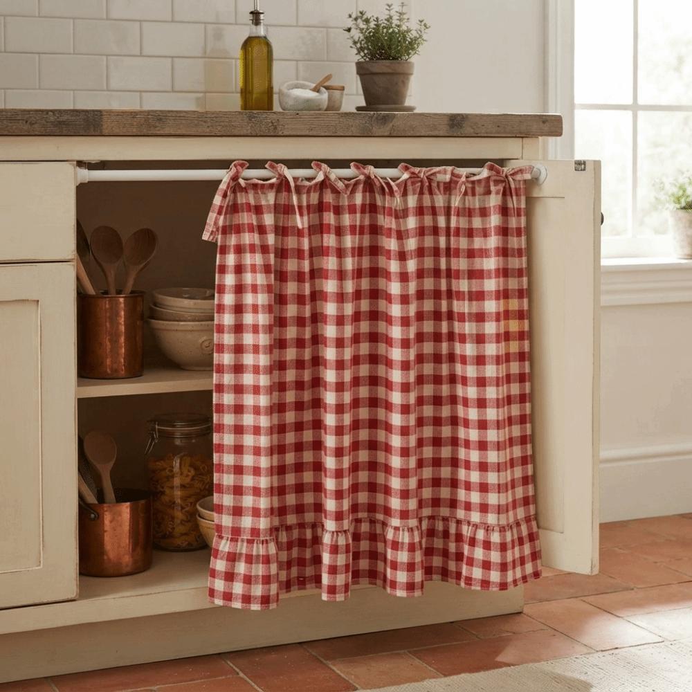 Ruffled Edge Farmhouse Plaid Kitchen Oven Skirt Cotton Privacy Partition Curtain  Porch