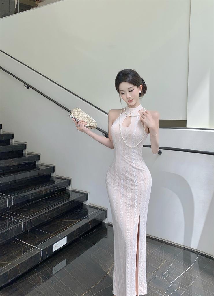 New Chinese-style Improved Cheongsam Summer New Lace Sexy Waist Thin Neck Long Small Dress Women