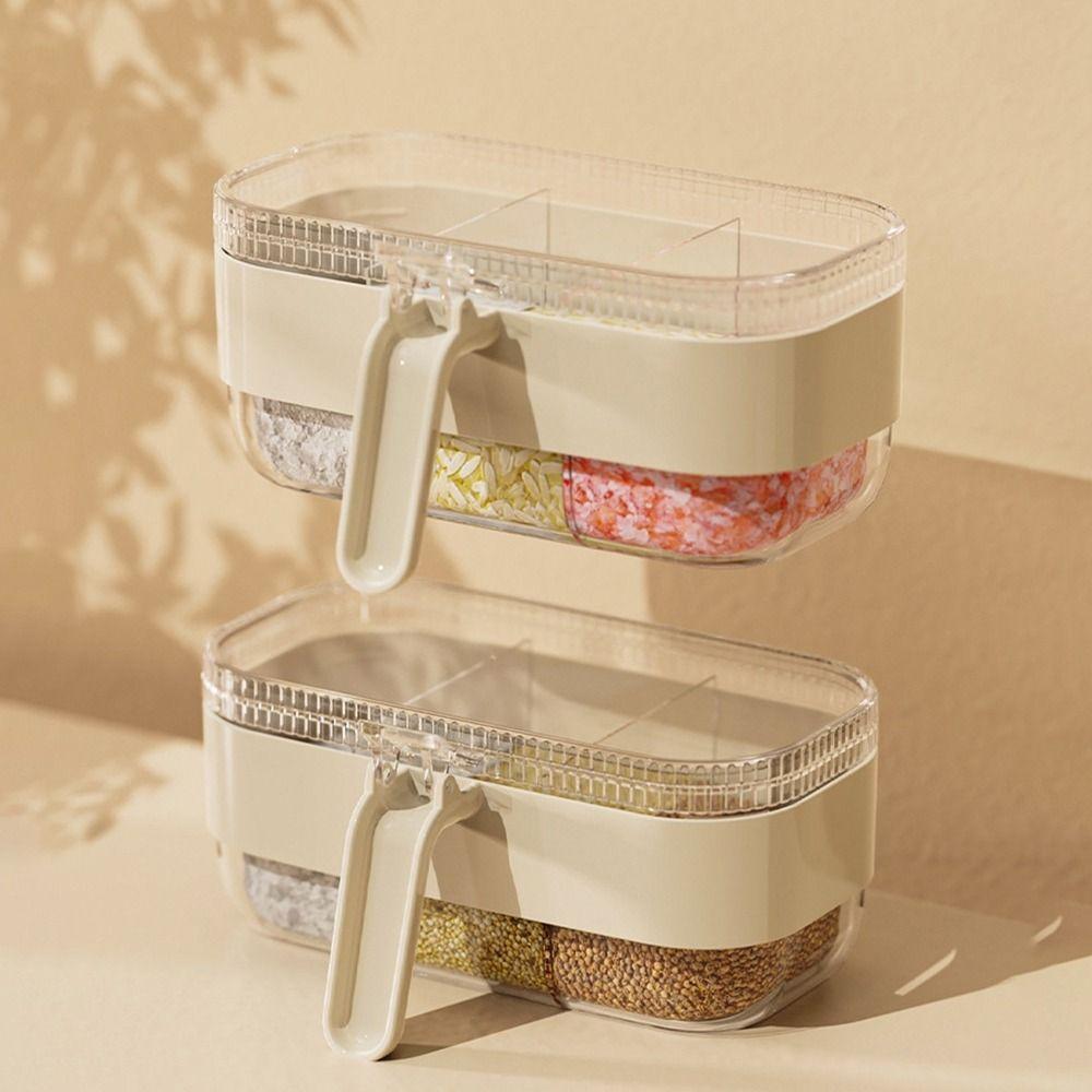 Plastic 3 Grids Seasoning Box Large Capacity Dustproof Spice Storage Container Transparent with Spoons Salt Seasoning Box Sugar