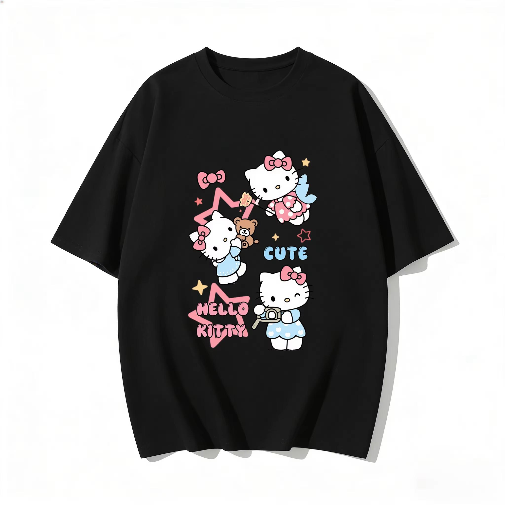 

2026 Summer Hello Kitty Cartoon Pattern Printed ShortSleeved Cotton TShirt Womens Classic Fashion Top S