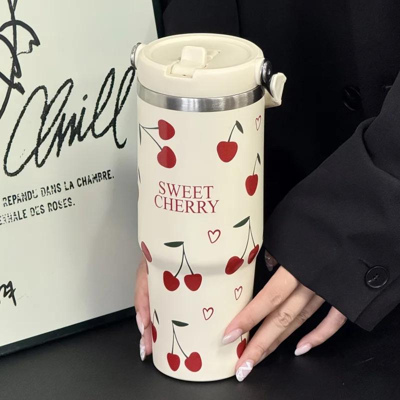 30oz Insulated Stainless Steel Tumbler Car Iced Coffee Thermos Cup Portable Handle Straw Water Bottle for Gym Travel Drinkware