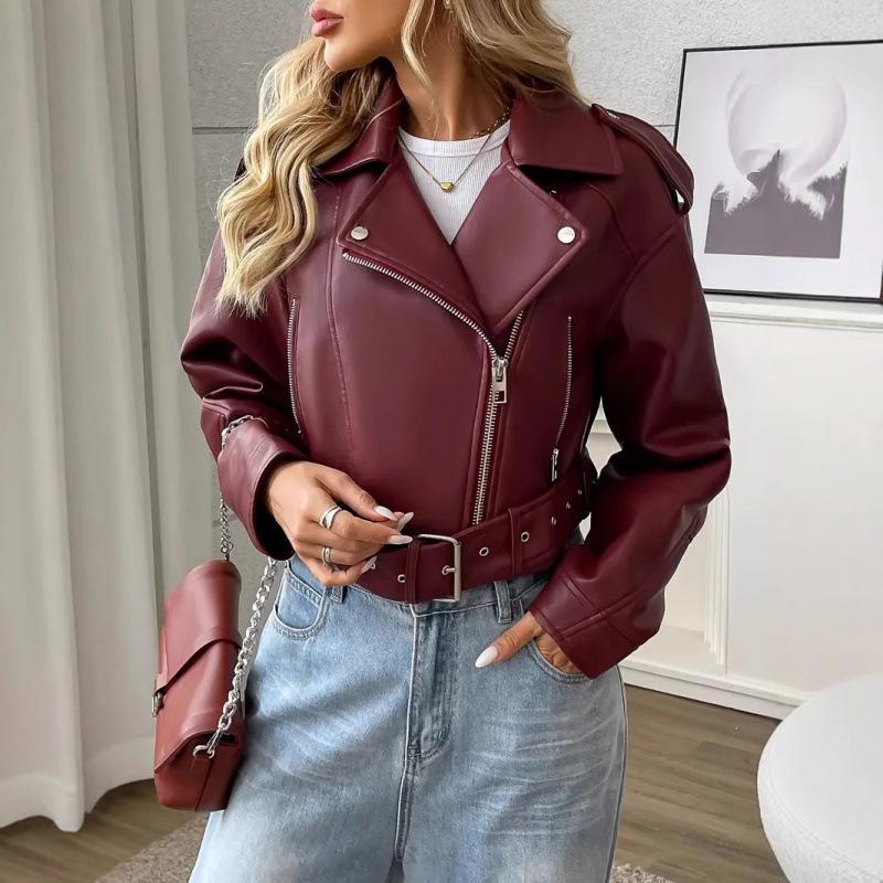 2025 Cross-border European and American New Women's Leather Jacket Short Spice Girl Street Retro Locomotive Lapel PU Leather Jacket