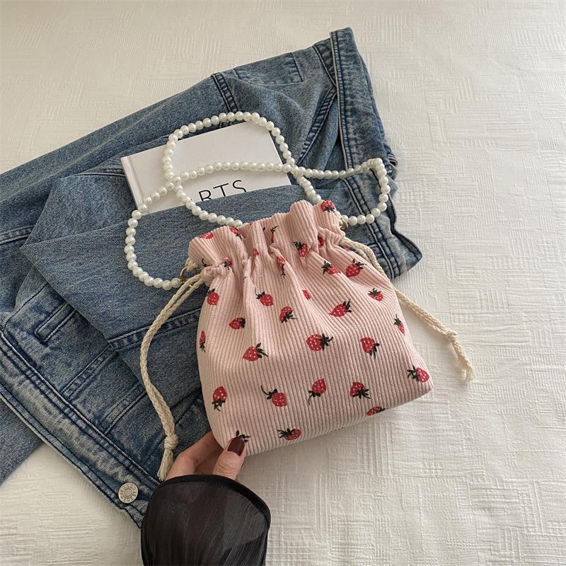 Sweet and Cute Strawberry Printed Bucket Bag Beaded Shoulder Strap Corduroy Exquisite Foreign Versatile Single Shoulder Messenger Women's Bag
