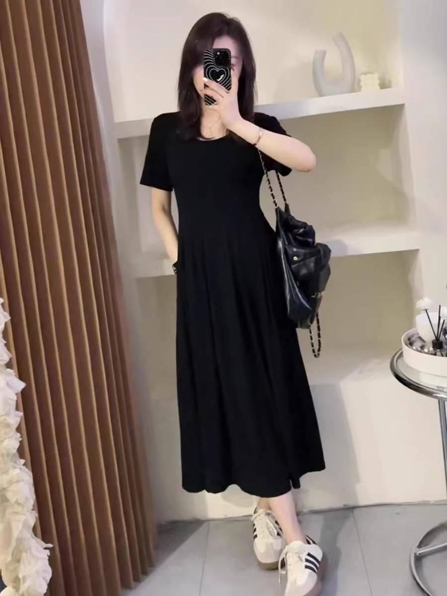 

Dress Classic Versatile Skinny Pleated Dress Short Sleeve Summer New Korean Age Reducing Large Size Long Dress M