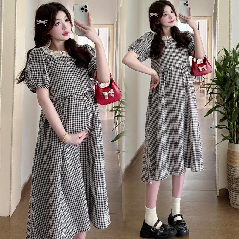 2026 Stylish Patchwork Short Sleeve Maternity Dress - Simple Summer Plaid Design 2XL