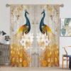 2pc Blue Peacock and Golden Tree Pattern Curtain Set Rod Pocket Mount Digital Printed Polyester Curtains for Living Room Kitchen