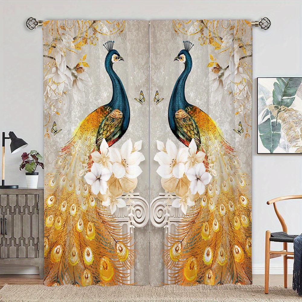 2pc Blue Peacock and Golden Tree Pattern Curtain Set Rod Pocket Mount Digital Printed Polyester Curtains for Living Room Kitchen