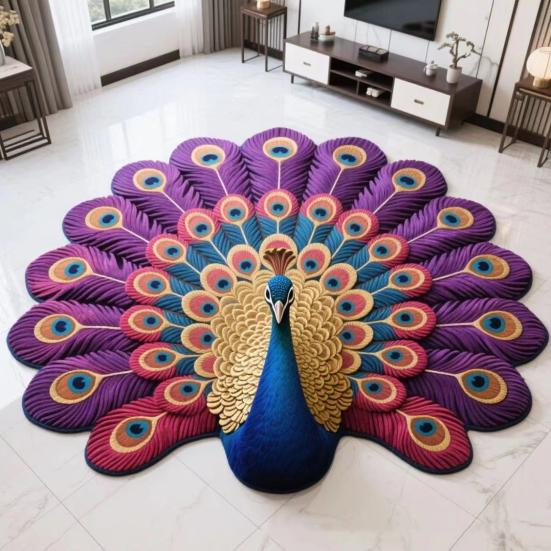 3D Peacock Pattern Plush Rug Non-Slip Backing Easy To Clean Various Sizes Living Room Rug Home Decor