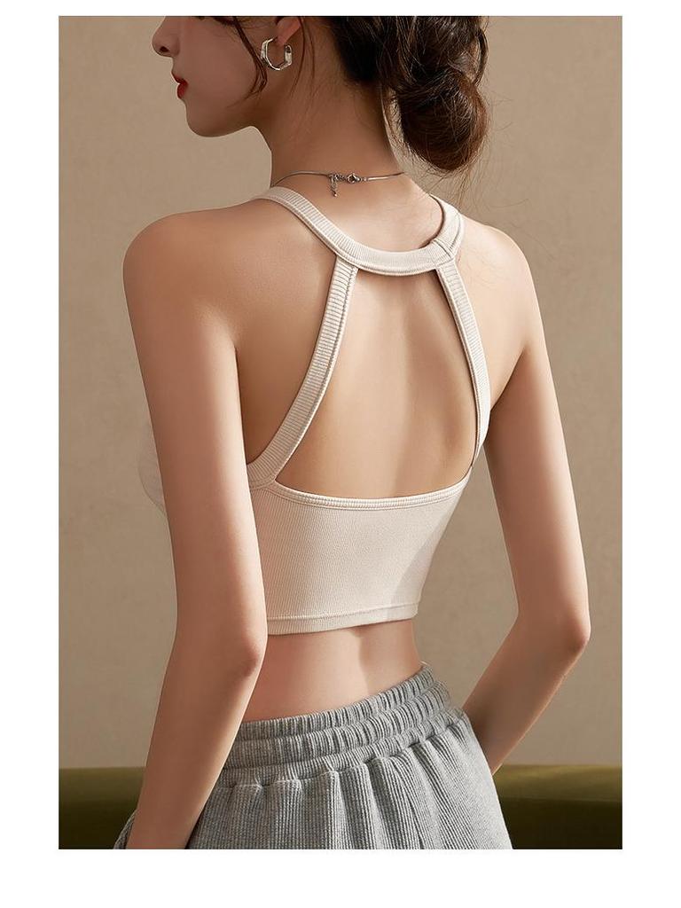 Halter Neck Sleeveless Crop Top with Chest Pads - Women's Beautiful Back Lingerie Bra & Summer Outerwear Belly-Baring White Top