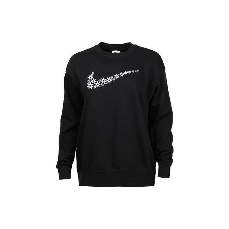 (WMNS) Nike Flowers Logo Printing Round Neck Fleece Lined Long Sleeves Pullover Black Hoodie Women s DM6310-010 L