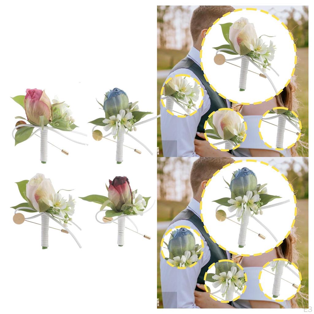 Men Wedding Boutonniere Brooch Pin Romantic Artificial Rose Flower Suit Decoration for