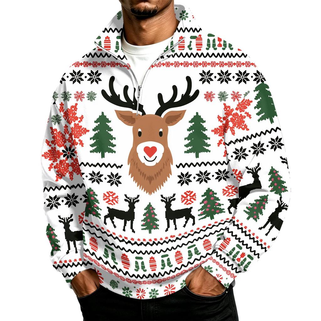Men's 1/4 Zip Sweatshirt with Stand Collar and Christmas Print Casual Long Sleeve Pullover