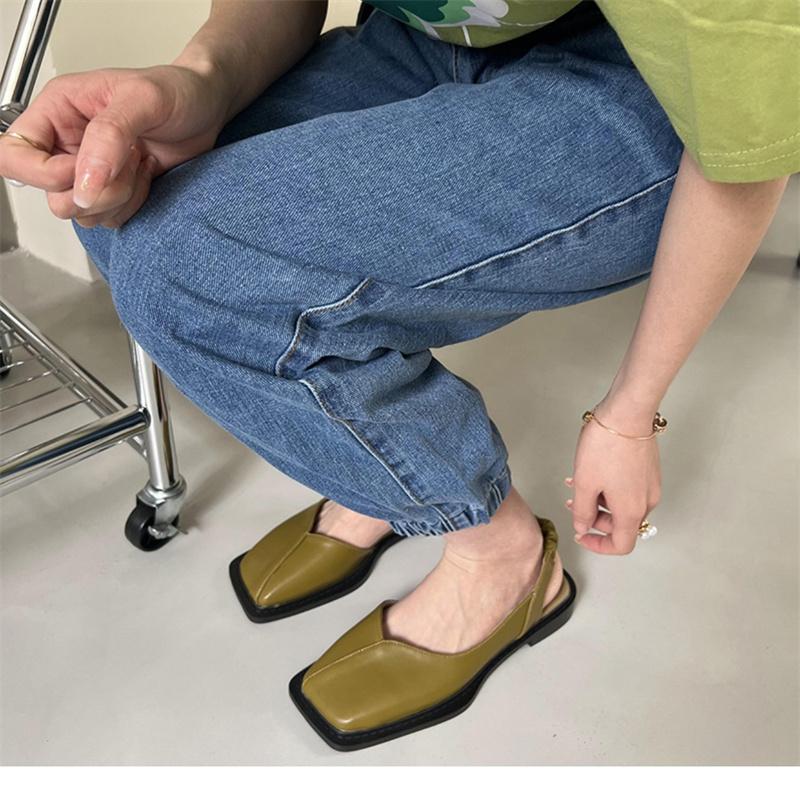 Ladies Square Toe Flats PU Fashion Sandals Buckle Slippers