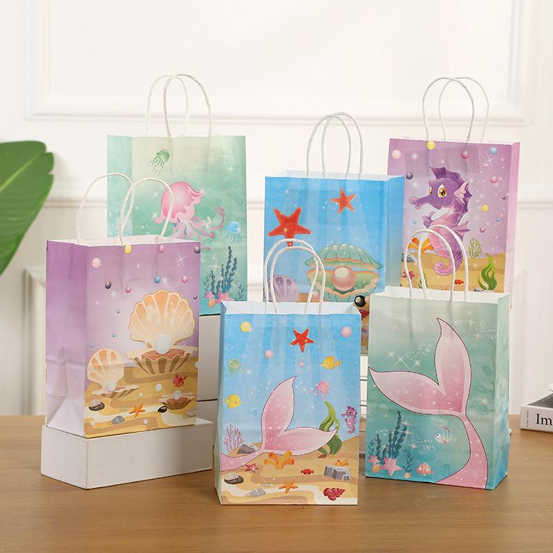 6 Stück Meerjungfrau-Party-Griffe, Kraftpapier-Geschenktüten, Meerjungfrauenschwanz-Süßigkeitstüten, eine Geburtstagsparty mit Meeresthema, Dekoration für Babypartys