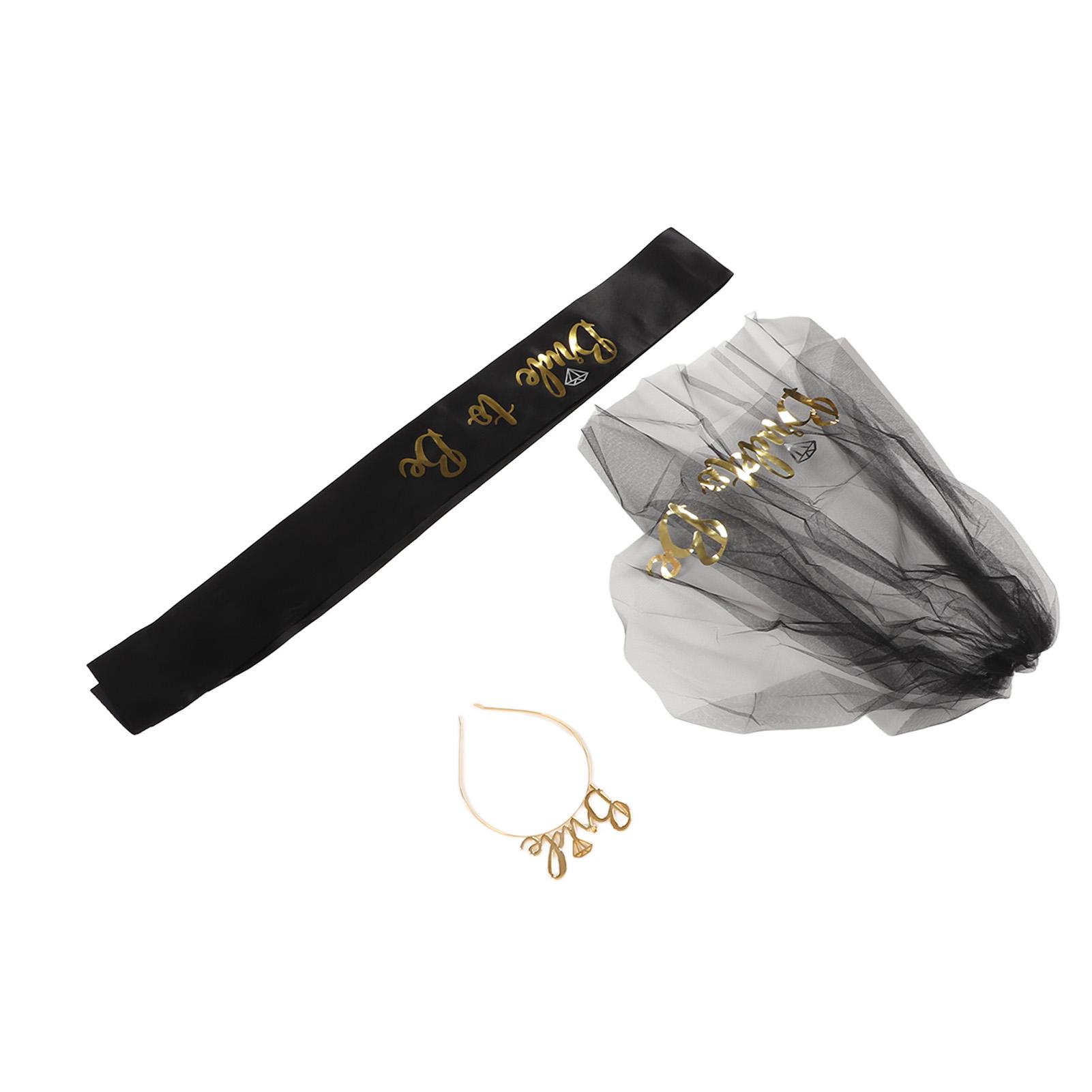 

Bride to Be Tiara Shiny Black Bridal Wedding Ribbon Fringe Center Layered Veil Sash Crown Bride to Be Gifts