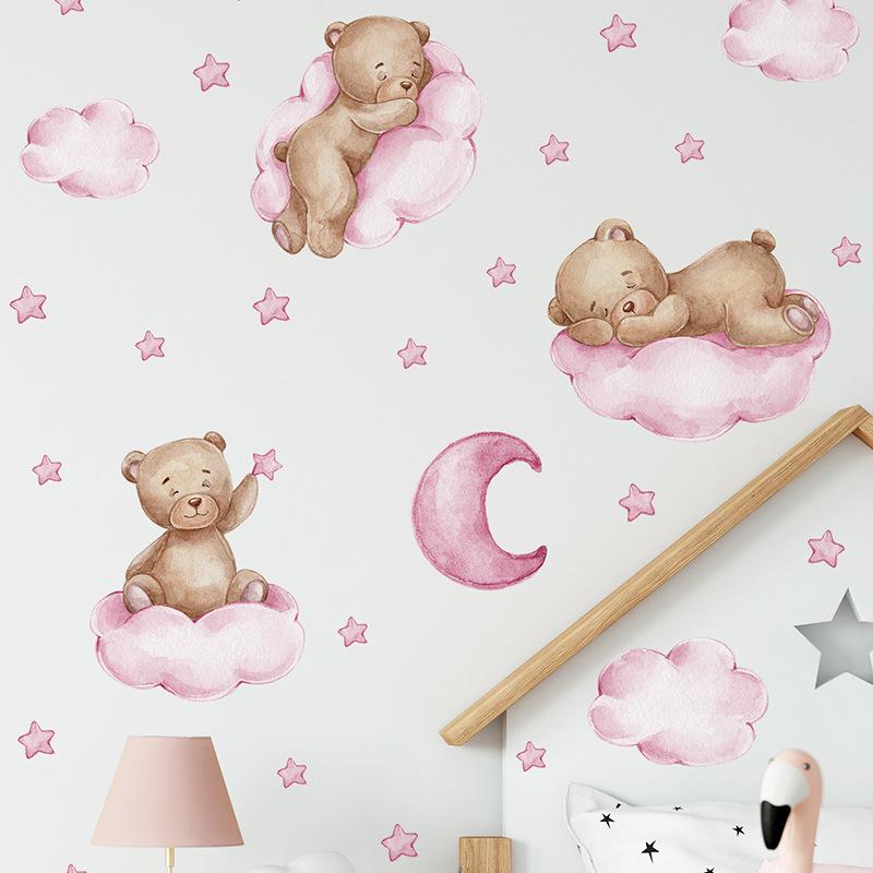 Cartoon Blue Teddy Bear Moon Wall Stickers For Kids Room Baby Nursery Decor Bedroom Wall Decals