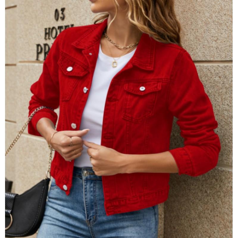 Damen Revers Taschen Einreihig Kurz Denim Jacke Einfarbig Personalisiert Street Jacke
