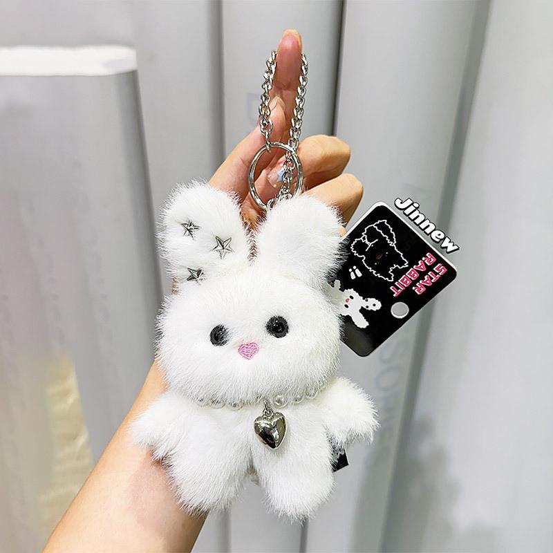 With Rabbit Pearl Necklace Plush Keychain Toy Pendant Cartoon Doll Kids Gift