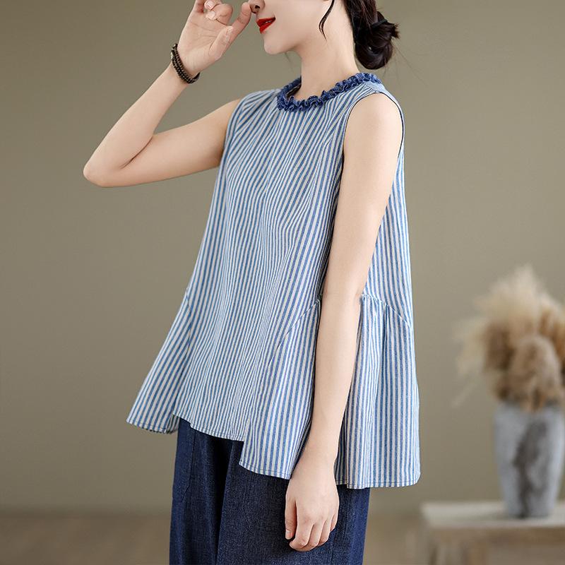 Summer Art Retro Loose Striped Sleeveless Shirt Top for Women Blouses & Shirts
