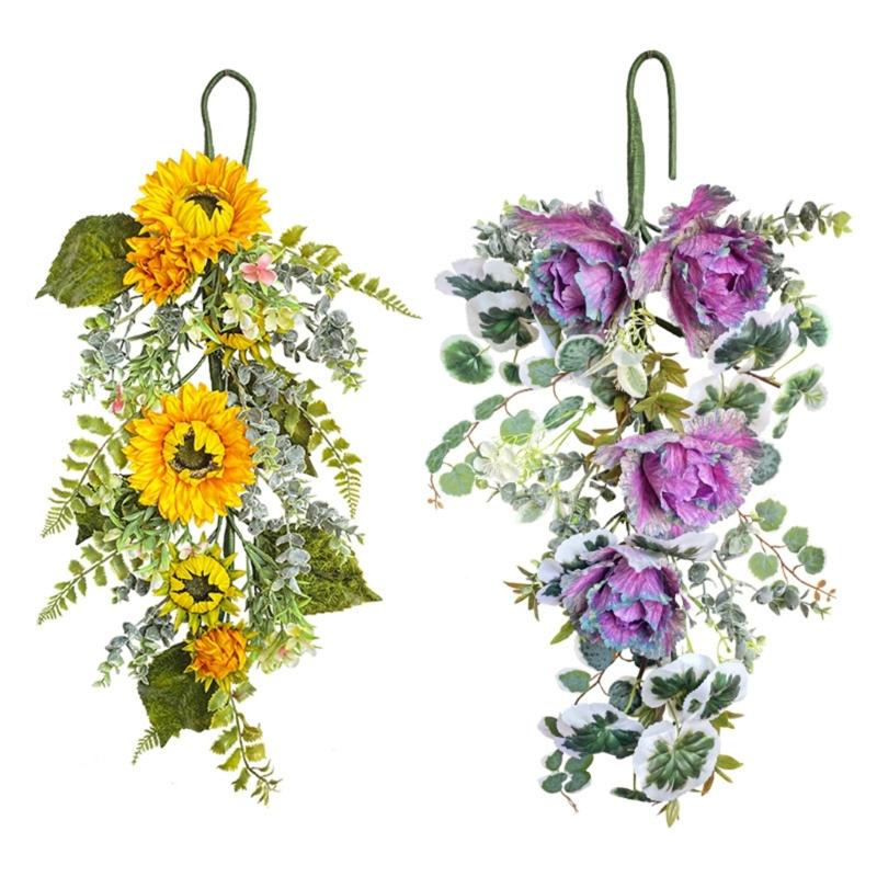 Yellow Sunflowers Wreath Realistic Artificial Sunflowers Wreath Spring Summer Wreath with Leaves for Front Door Decor