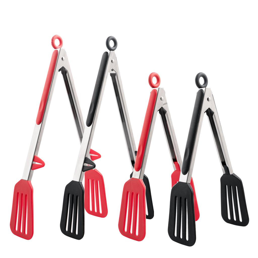 9/12 Inch Spatula Tongs with Stand Red Cooking Tongs Slotted Silicone Tongs for Kitchen Grilling BBQ Buffet Serving
