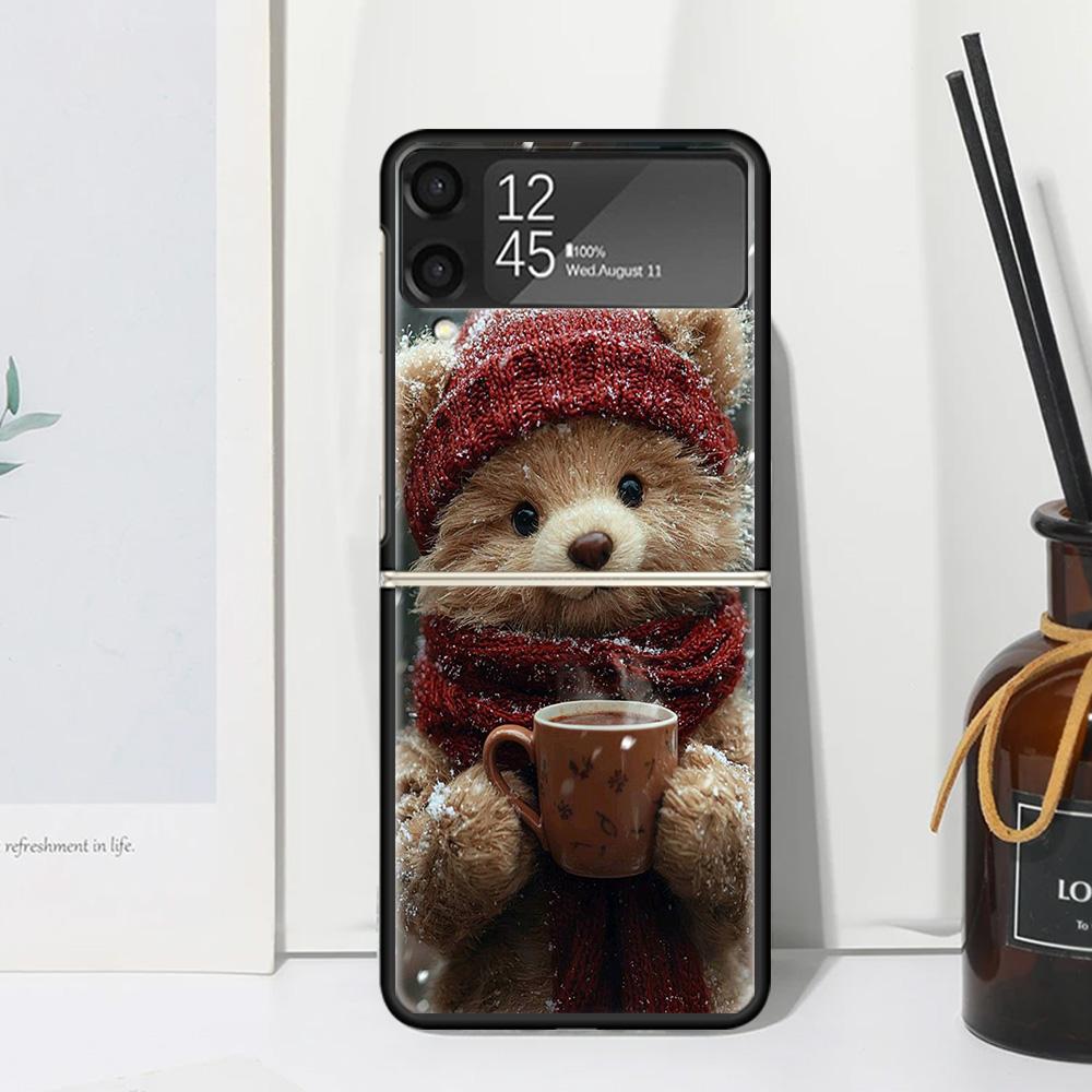 Animal Brown Cute Bear Phone Case Cover for Samsung Galaxy Z Flip 7 6 5 4 3 5G Flip3 Flip4 Flip5 ZFlip6 ZFlip7 Black Fundas Clea