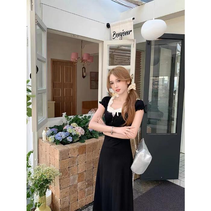 

[Douyin Quality] Sweet Lace Big Crew Neck Black Dress Women s Summer Bubble Sleeves Slim Skinny Fluffy Long S чёрный