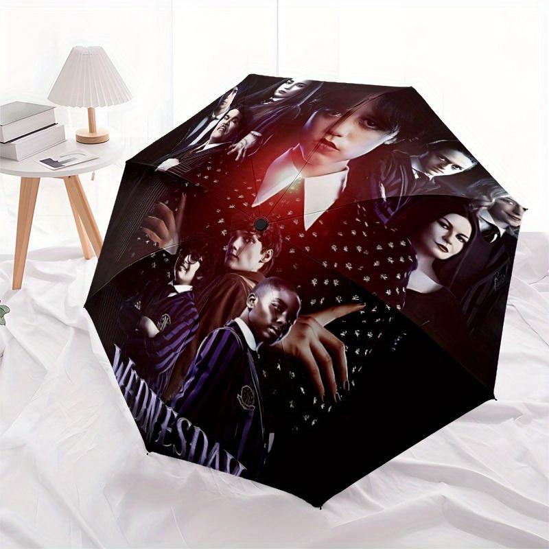 1pc Wednesday Addams Automatic Folding Umbrella, Portable Collapsible Design, 8-Rib Iron Frame, , All-Season Casual Outdoor Accessory for Christmas Bi