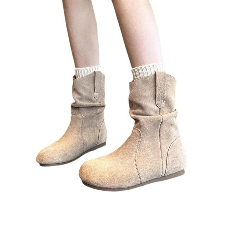 Zapatos Casuales de Ante Planos Botines al Tobillo para Mujer Slip-on Otoño Nuevo Albaricoque Gótico Punta Redonda Cortos Botas Retro Versátiles Chelsea Botines