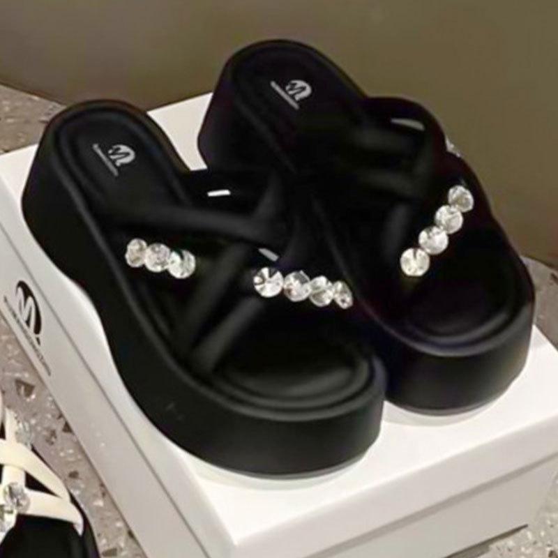 Rhinestone platform high-heeled cool slippers women's summer wear 2025 new silver sandals with skirt casual beach shoes