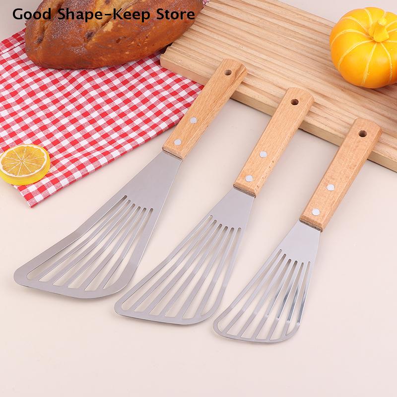 Stainless Steel Slotted Turner Fish Frying Shovel High-temperature Frying Shovel With Wooden Handle Fan-shaped Shovel Household
