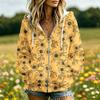 Women's Casual Floral Print Long Sleeve Hooded Jacket with Pockets and