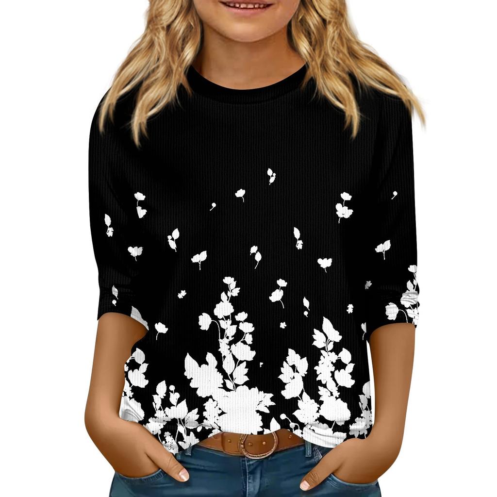Children's 3/4 Sleeve Tops Knit  Casual  Print T Shirt Round Neck Pullover Blouse