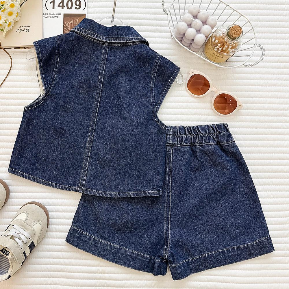 Girls' Trendy Korean Style Denim Vest & Shorts Set - Summer 2026 Fashion