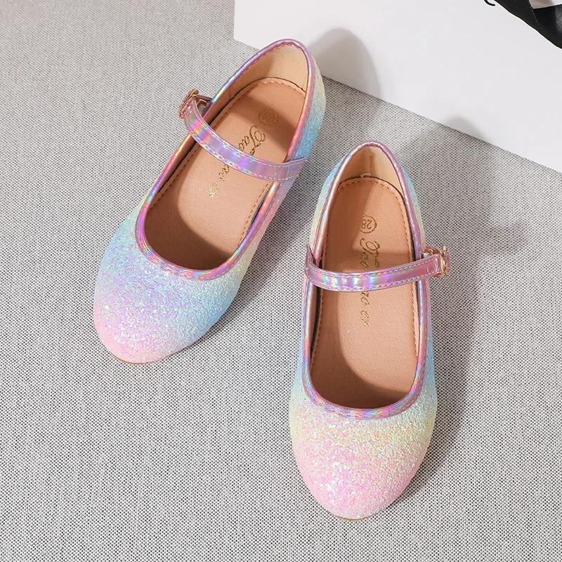 Classic Girl Leather Shoes for Party Dance Fashion Glitter Children Princess Shoes Kids Wedding Rainbow High-heels Single Shoes