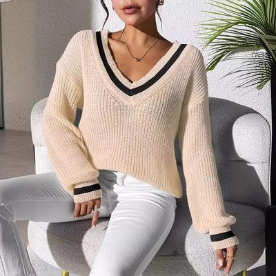 Women's Fall/winter Contrast V-neck Loose Casual Sweater