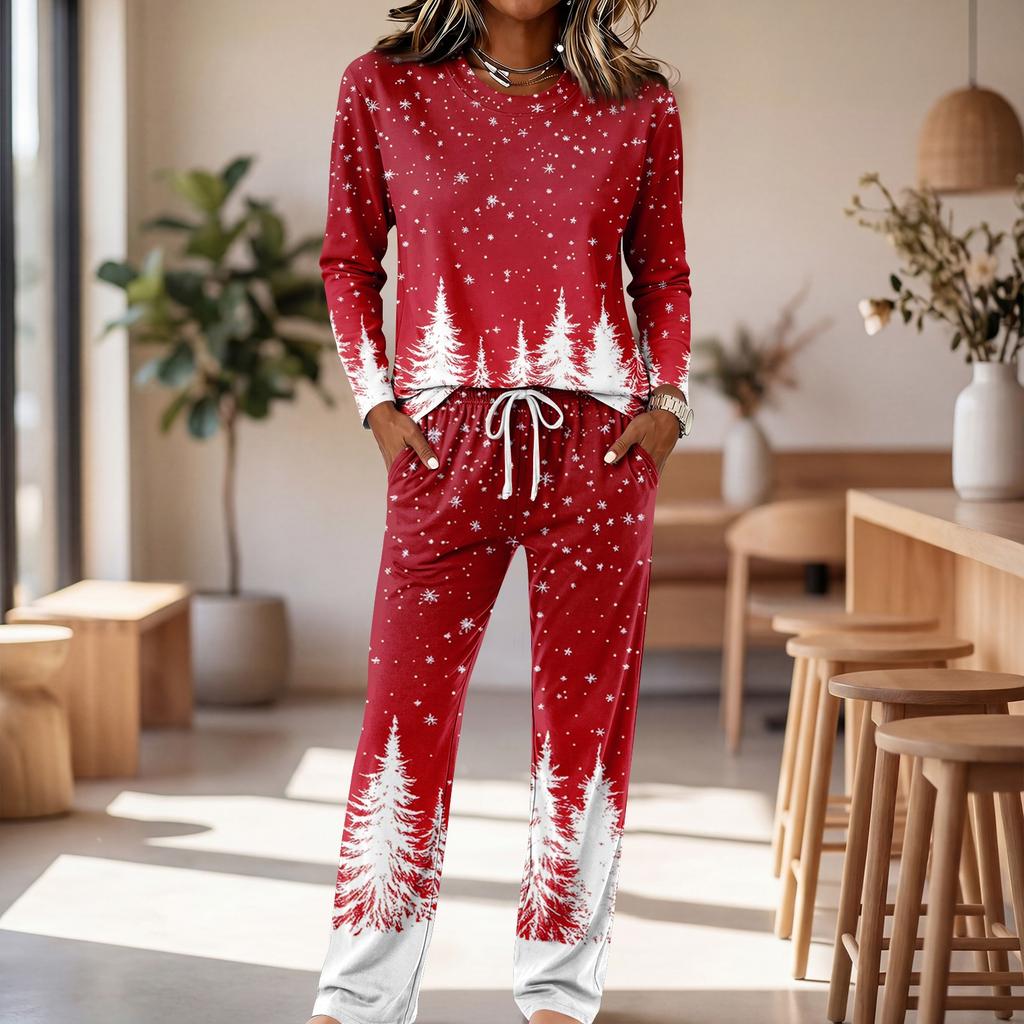 Round Neck Long Sleeve Wide Leg Pants Set, Casual Home Pajama Sleepwear