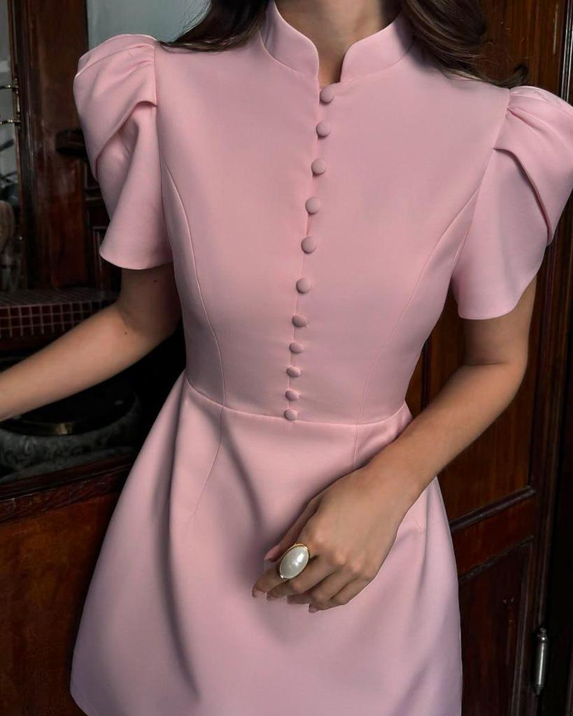 2026 Summer Stand Collar Puff Sleeve High Waist Dress for Women – Trendy European & American Style