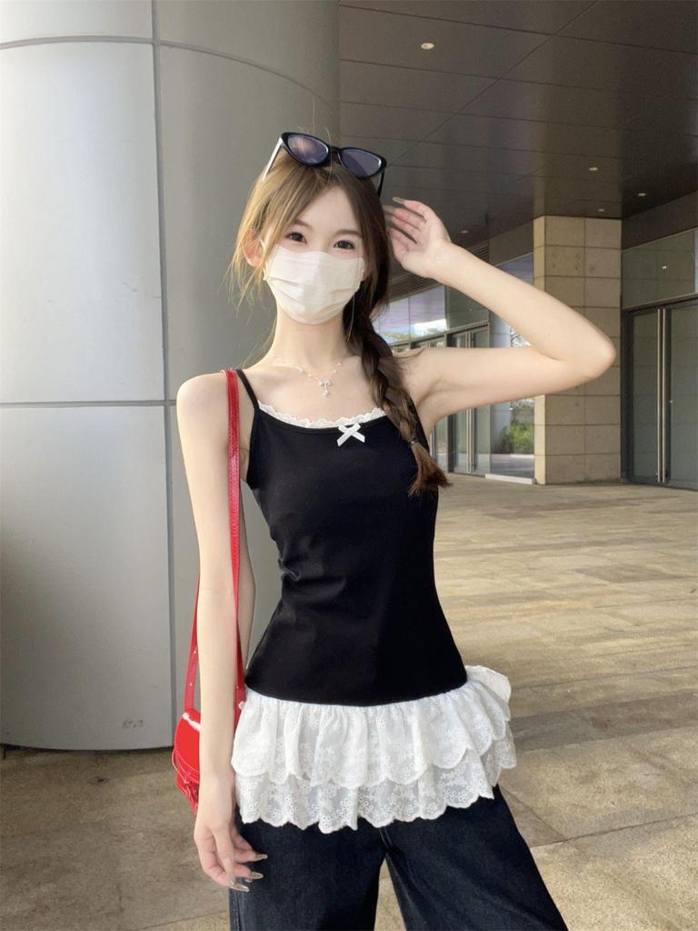 Ballet-Style White Lace Bow Camisole for Women - Spring/Summer 2025 Sleeveless Top