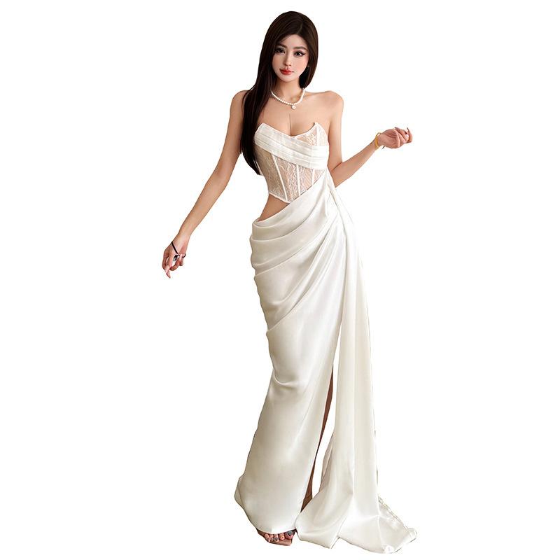 2026 spring European and American style fashion irregular waist sleeveless tube top high split fork personalized versatile dress