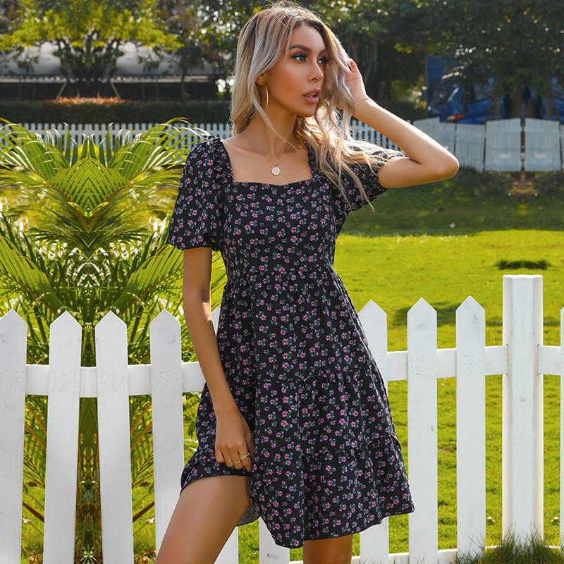 Sommer Herbst Blumendruck Kurzes Kleid A-Linie Damen Lässig Quadratischer Kragen Kurzarm Hohe Taille Schlank Essbarer Baumpilz Raffung S-XL