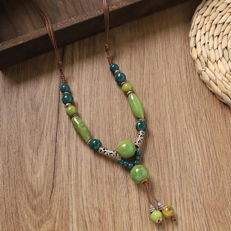 Retro Ceramic Beaded Necklace for Women, Handmade Long Sweater Chain, Ethnic Vintage Chinese Style Jewelry