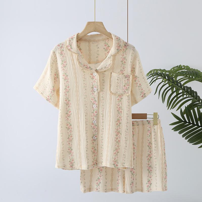 Summer Women's Pajama Set 100% Cotton Crepe Pajama Turn-down Collar Short Sleeve Shorts 2 Piece Ladies Homewear