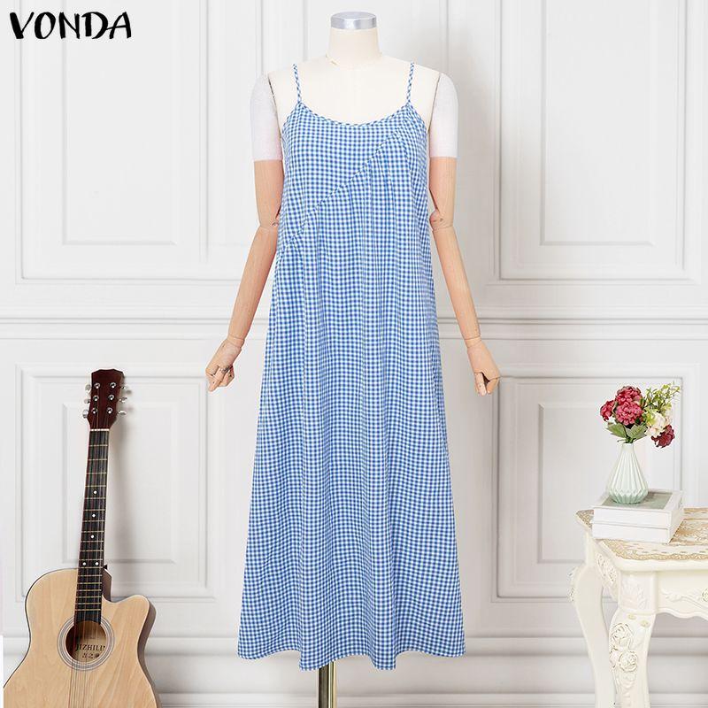 

VONDA Summer Women Sleeveless Strap Plaid Print Casual Long Dress Sundress L синій