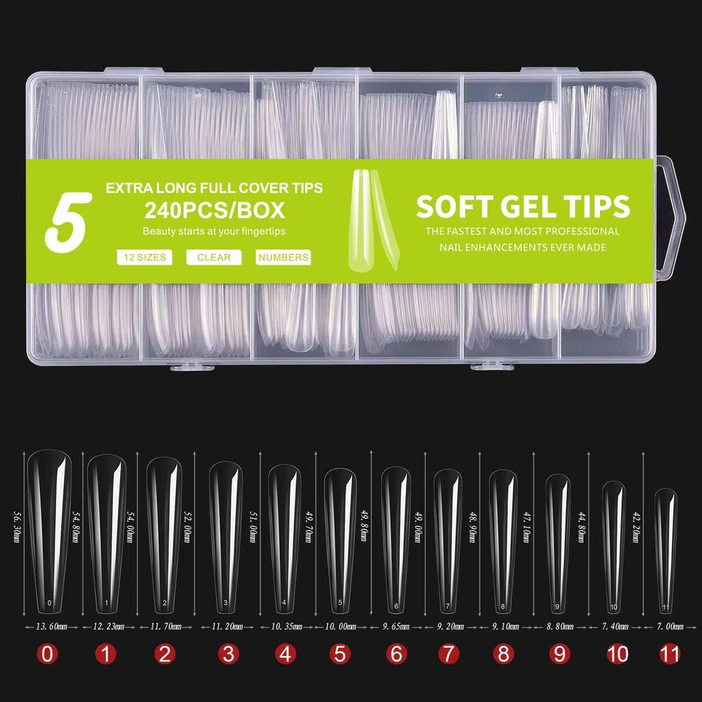 240-teiliges Transparentes XXXL Spitzes Nagelkunst-Set: Superlange künstliche Nägel im Denim-Design