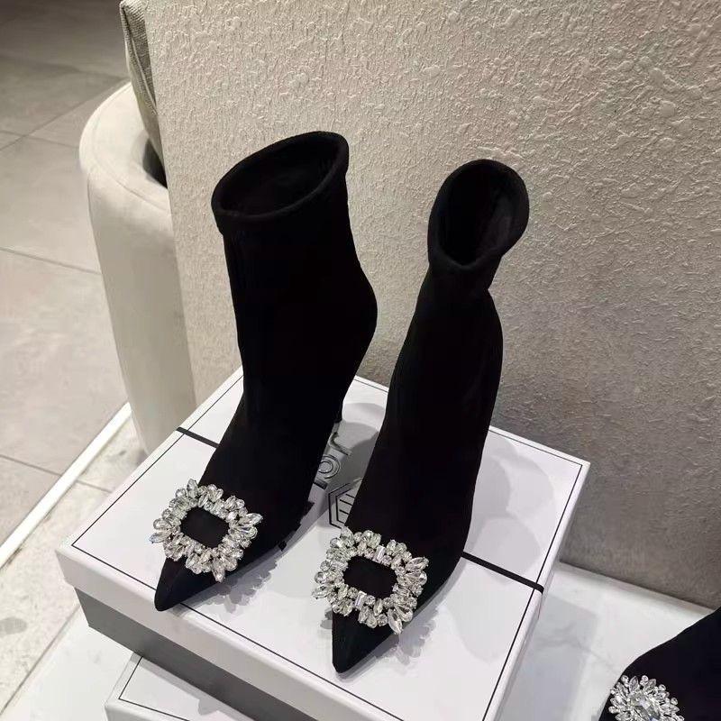 High cold imperial sister wind thin boots high heel thin heel elastic boots show thinness increase pointy