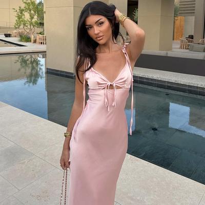 Summer Fashion Sexy V-neck Drawstring Halter Color Ding Dress Sleeveless Drawstring Dress