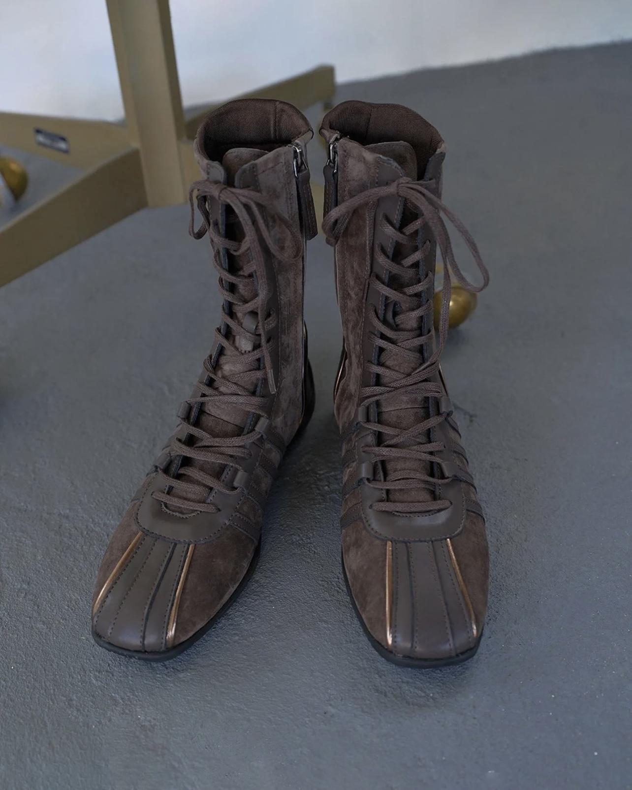 

Модные Ретро Рыцарские Ботинки Женские 2025 Весна Осень Натуральная Кожа Шнуровка Вестерн Ботинки Толстый Каблук Цветной Блок 40 темно-коричневого