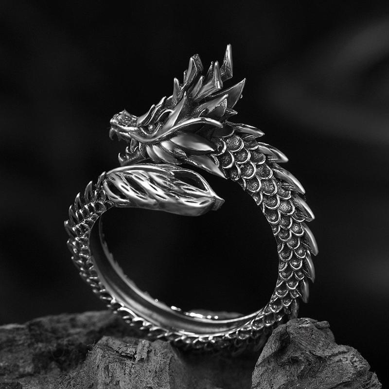 Vintage 3D Carved Dragon Ring Men Adjustable Size Silver Color